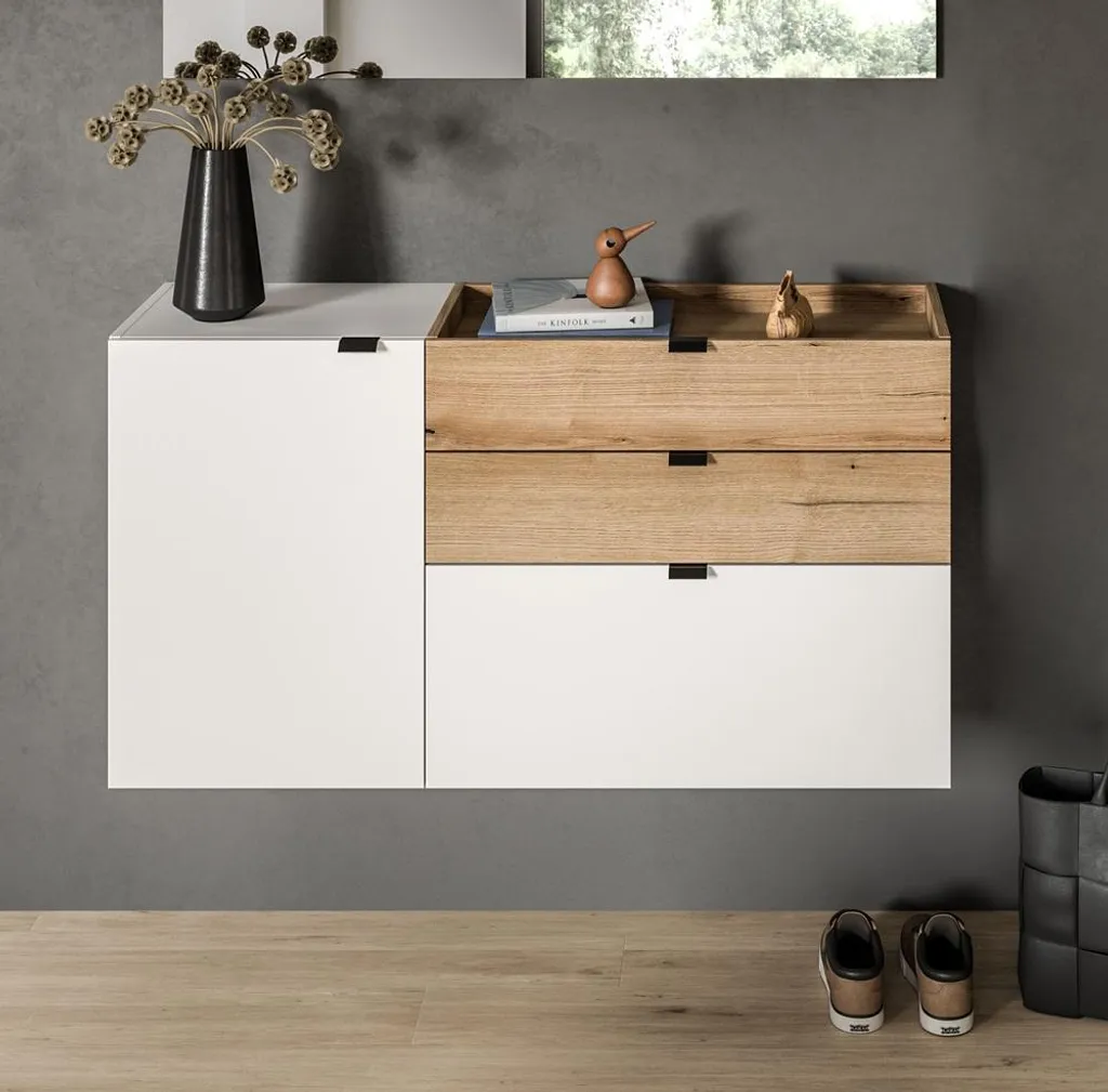 Buffet mural Naro blanc : solution rangement compact 2 tiroirs chic