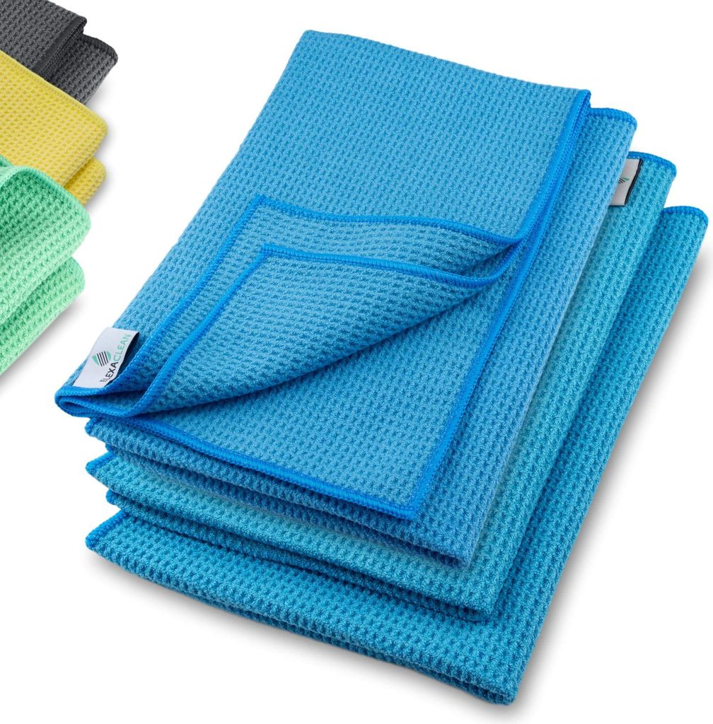 ELEXACLEAN Mikrofaser Trockentuch, Premium Waffeltuch (4 Stück, 60x40 cm, Blau) superweiche Qualität für Auto, Glas, Küche, Geschirr, Bad