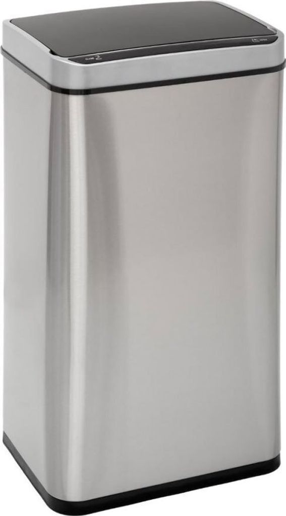 A stainless steel automatic trash can with a black lid.