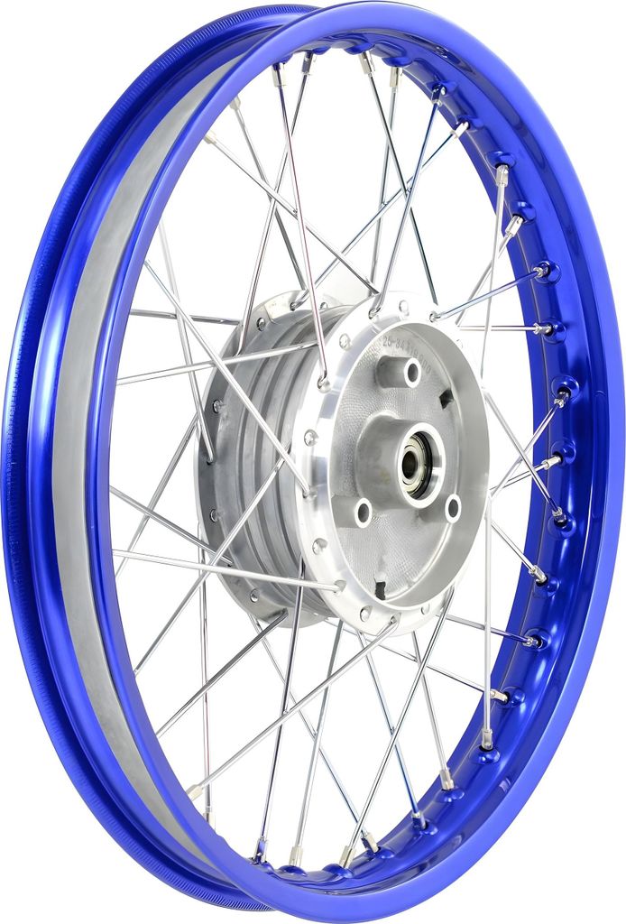 Speichenrad 1,6x16 Zoll Alufelge, blau eloxiert und poliert + Edelstahlspeichen