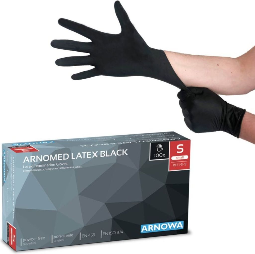 ARNOMED Latex Black Handschuhe, puderfrei, Größe S, Einmalhandschuhe | Box (100 Stück)