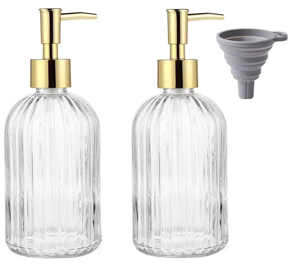 Distributeurs de savon en verre ambré nervuré et pompes dorées 400ml