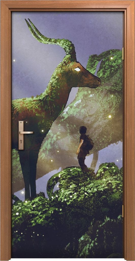 Türposter 90x200 cm Türaufkleber Türtapete Türfolie Klebefolie Wanderer und riesige Hirschstatue Wald