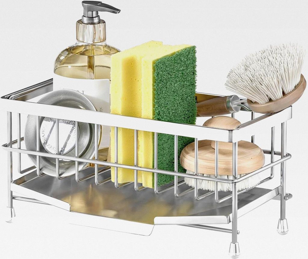 Spülbecken Organizer aus 304 Edelstahl, Spüle Organizer mit Abnehmbare Abtropfschale, Schwammhalter Spülbecken für Küchen Arbeitsplatten, Leic...