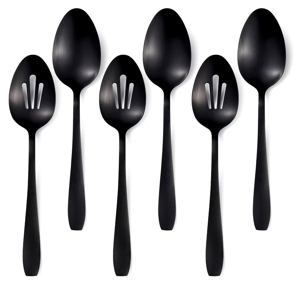 6-teiliges Servierlöffel-Set - 3 Servierlöffel und 3 Geschlitzte Löffel, 27 cm, Matt Schwarz, Salatbesteck aus Edelstahl, spülmaschinenfest fü...