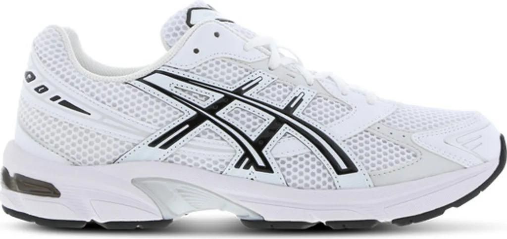 A side view of a white and black Asics running shoe.