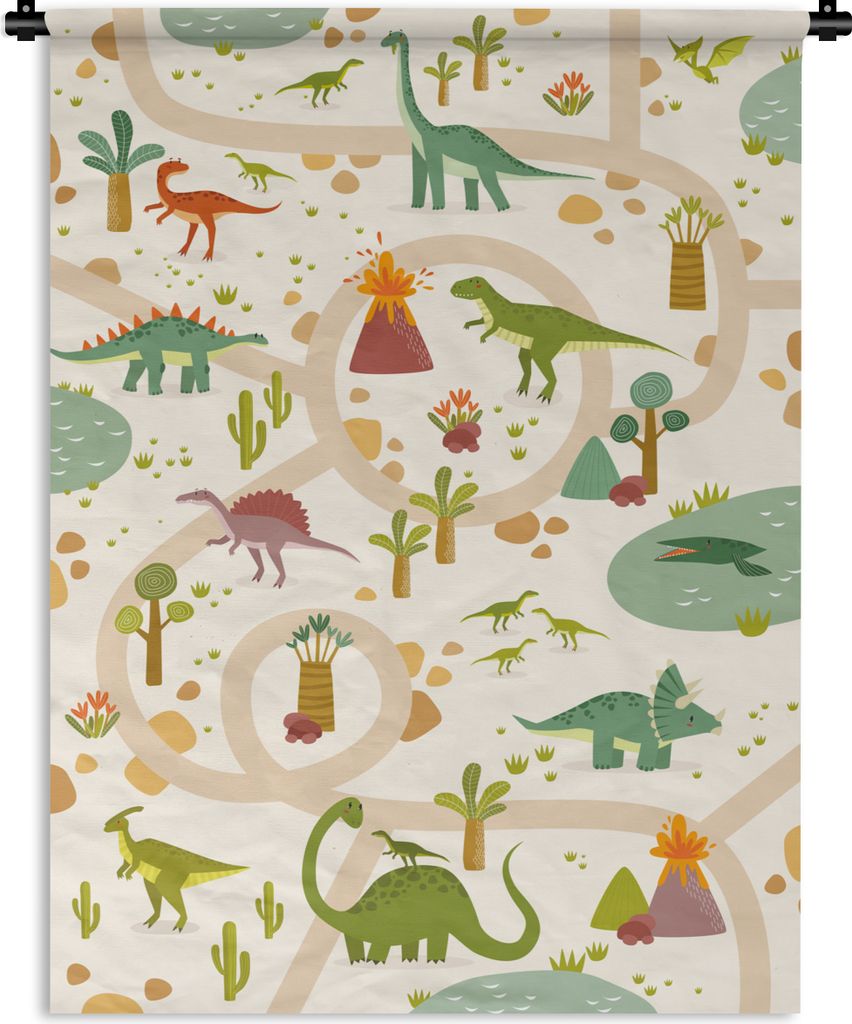 MuchoWow Wandteppich Wandbehang Dinosaurier - Vulkan - Kinder - Beige 120x160 cm Tapisserie Dekoration Wandtuch - Wohnzimmer - Moderne