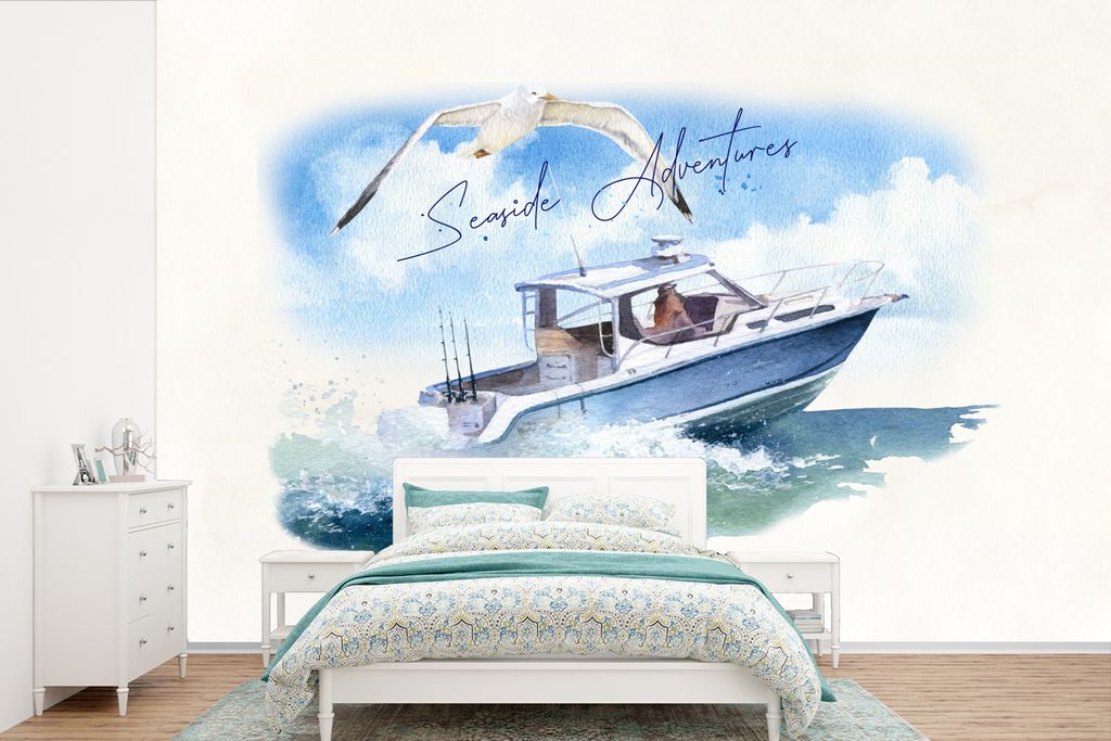 MuchoWow Fototapete für Wohnzimmer oder Schlafzimmer Wandtapete Vinyl Motivtapete Boot - Vogel - Aquarell - 450x300 cm - Gemusterte