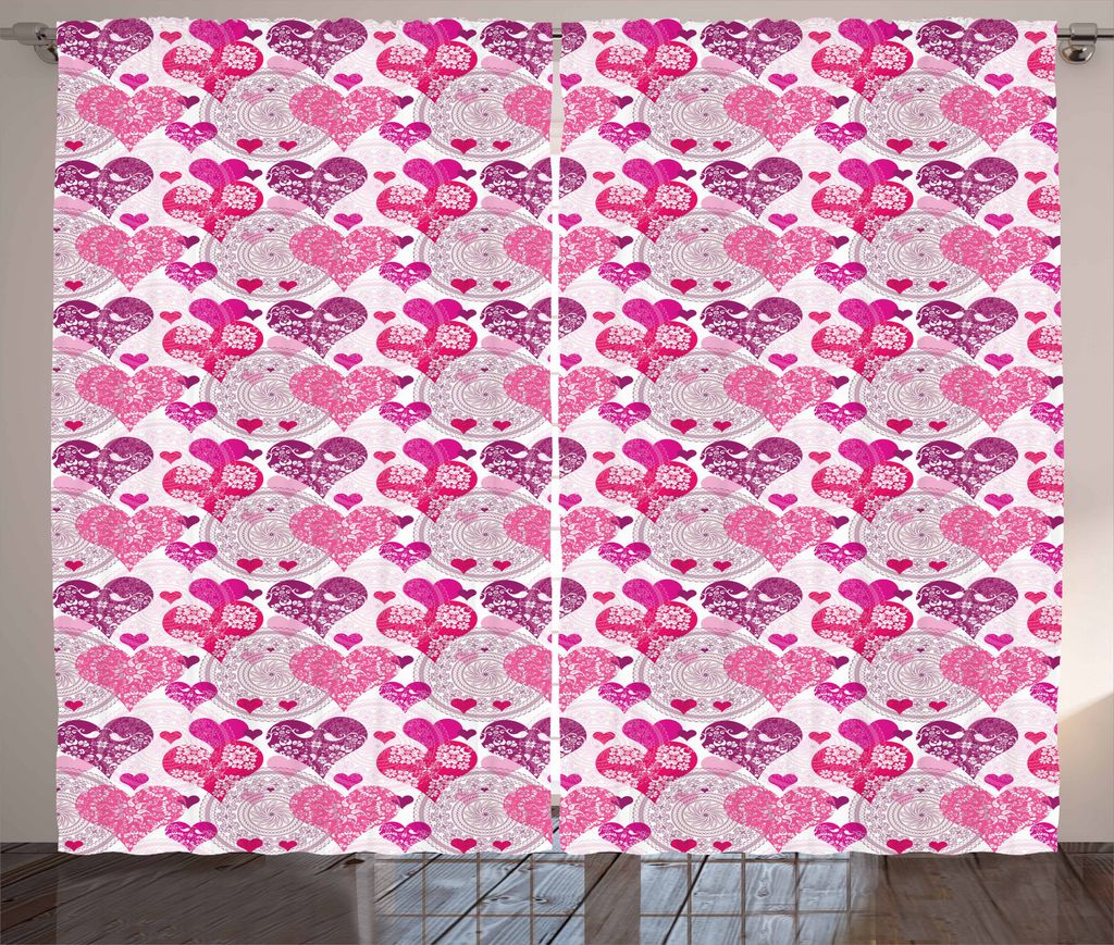 ABAKUHAUS Herzen Rustikaler Gardine, Symbole der Liebe Design, Schlafzimmer Kräuselband Vorhang mit Schlaufen und Haken, 280 x 175 cm, Pink Lila Rosa