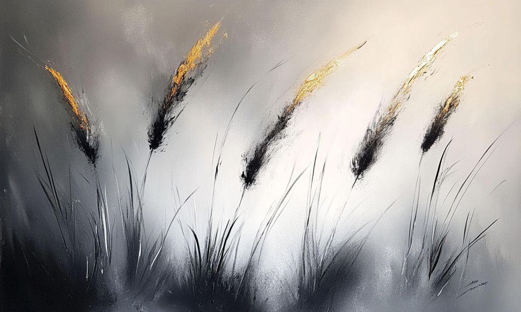 An abstract painting of tall grass with gold accents against a grey and white background.