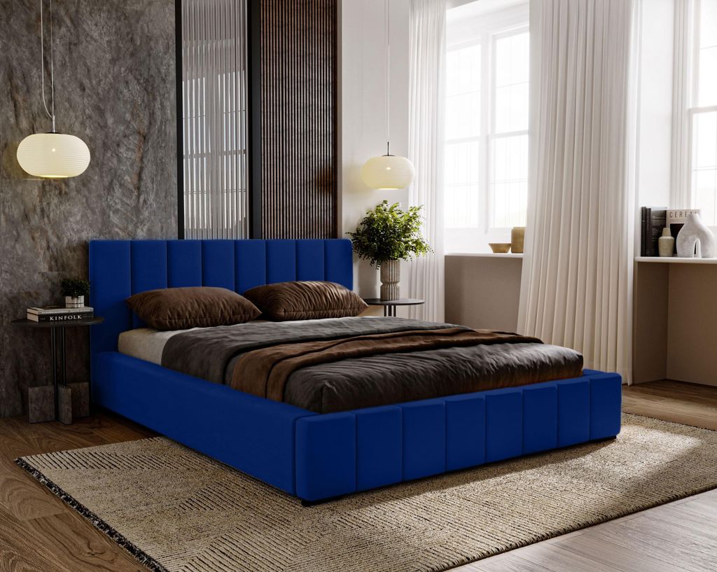Polsterbett 160x200 für das Schlafzimmer DIANA mit Stauraum und Lattenrost, Kopfteil und gepolsterter Korpus, dunkelblau ( Magic Velvet 2296 )