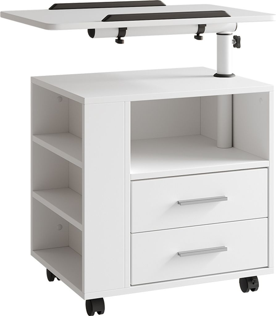 A white bedside table with drawers and shelves, with an adjustable tray on top.