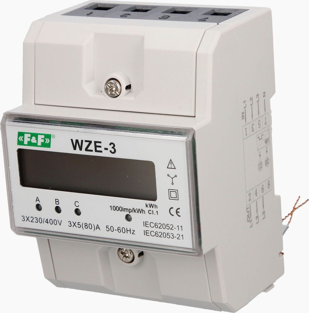 A white three-phase energy meter with a digital display.