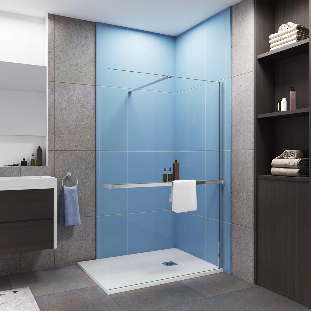 AICA Walk in 90x200cm Duschwand mit Stabilisator 8mm NANO ESG-Glas mit Duschregal Handtuchhalter Duschtrennwand F129