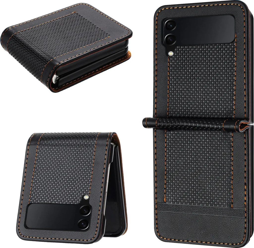 Custodia Protettiva Samsung Z Flip 4 Pelle Nera Stand Antiscivolo - 1