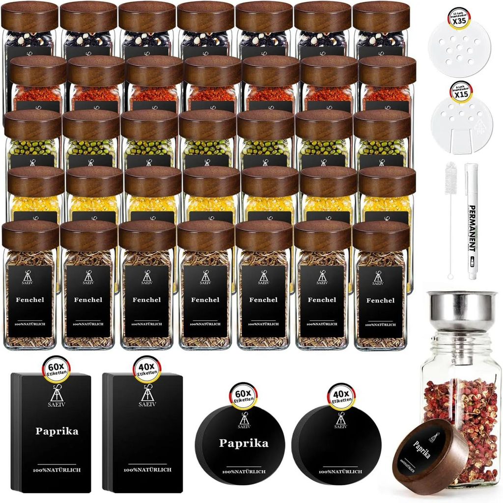 Quadratische Gewürzgläser - 35er Set - 120 ml - Borosilikatglas - Deckel aus Akazienholz - Mit Etiketten - Braun