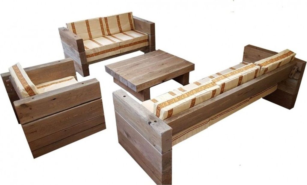 Luxus Garten Möbel Set Eiche Massiv - schwere Ausführung - 3er, 2er, 1x + Tisch - Massivholz rustikal - Lounge Set