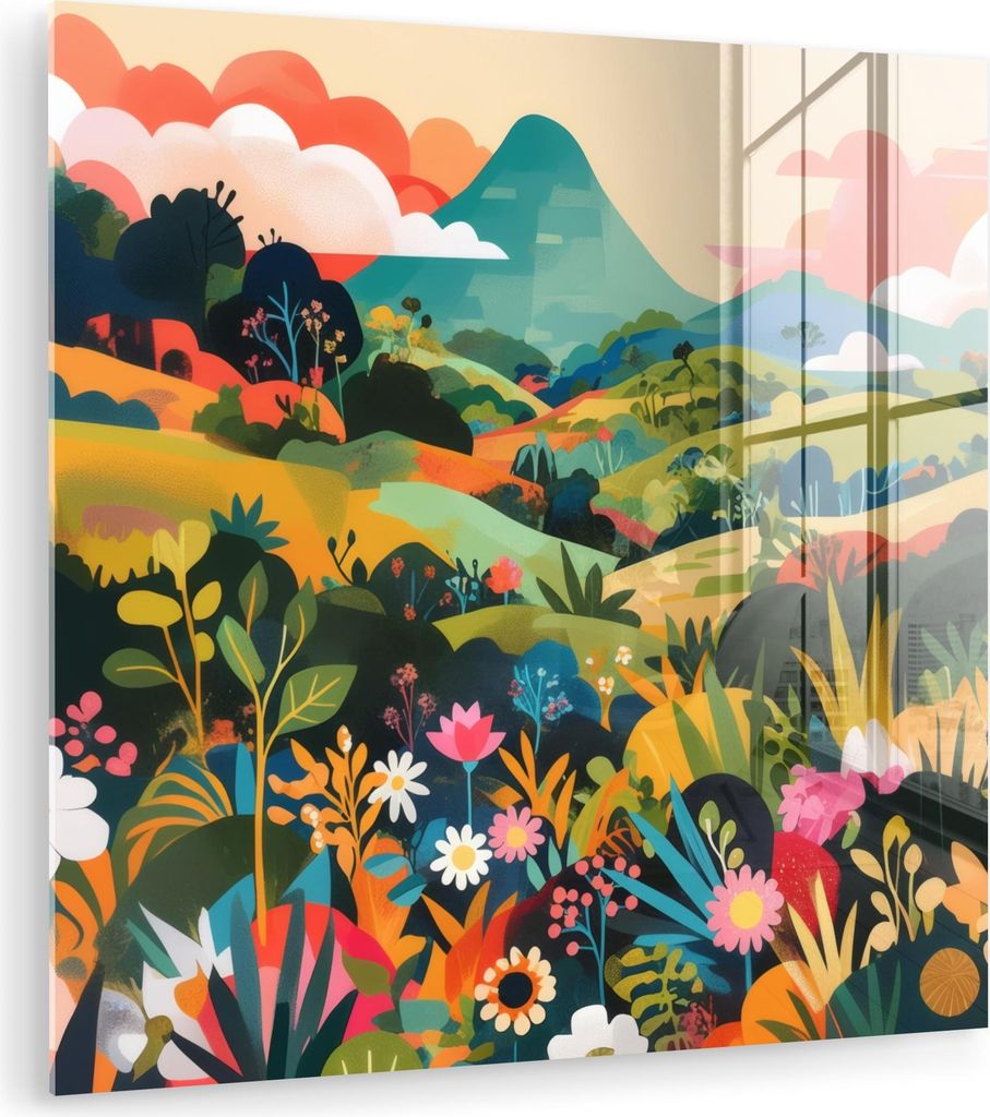 MuchoWow Glasbilder - Bilder auf Wandbild - Foto auf Glas Sonnenlicht - Hügel - Bewölkter Himmel 90x90 cm Wanddekoration aus Glas - Acrylglasbild...