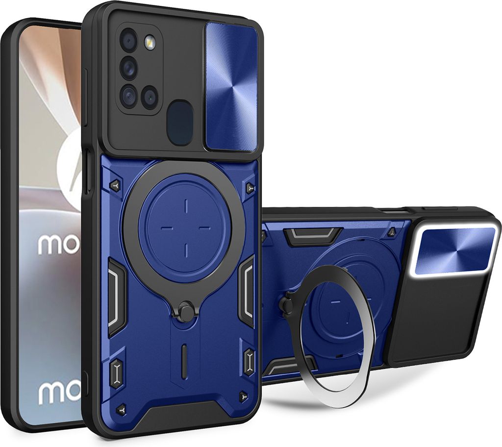 Handyhülle für Samsung Galaxy A21s Dual-Layer Stoßfest Rüstung Hülle mit Dia Kameraschutz und Kreisförmig Ring Ständer Blau
