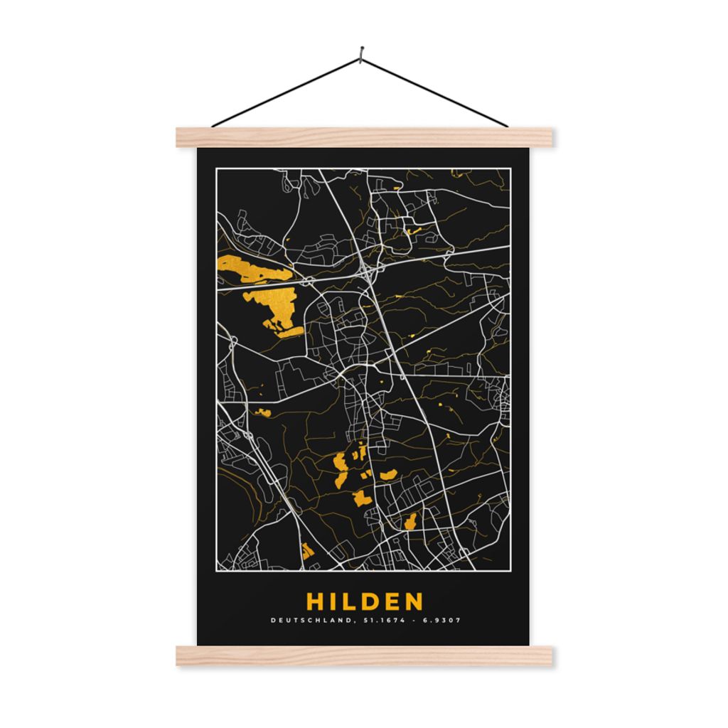 MuchoWow Textilposter Deutschland - Schwarz und Gold - Hilden - Stadtplan - Karte 60x90 cm mit holzfarbenen Rahmen - Textil