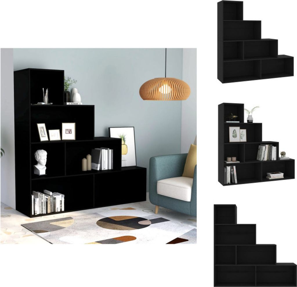 A collage of images showing a black bookshelf/room divider in different configurations and angles, with one image showing it in a room setting.