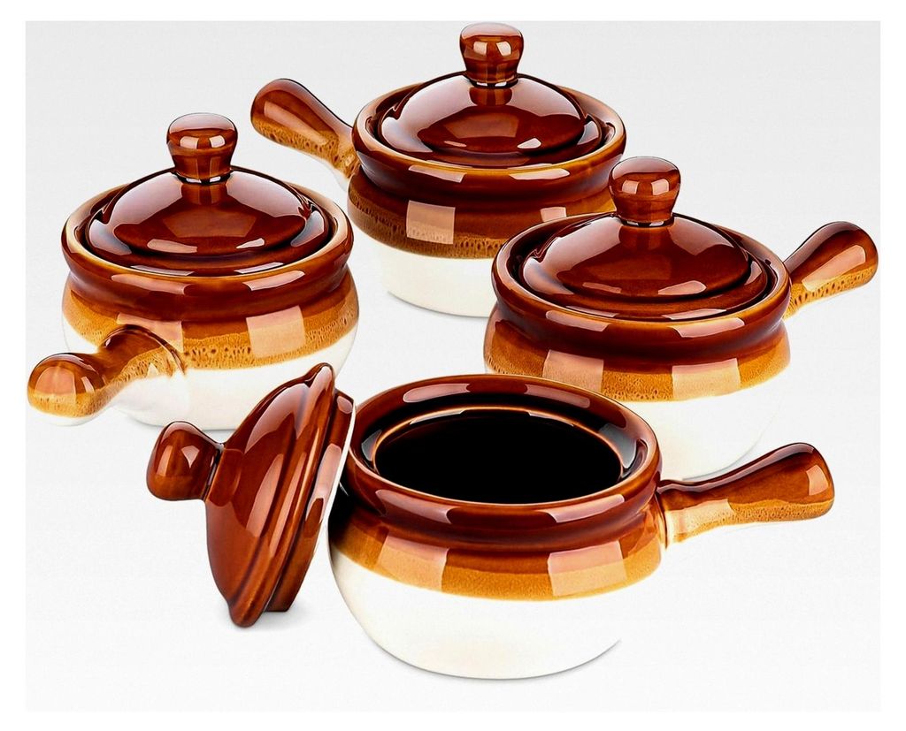 Französische Zwiebel-Suppenschalen, 4 Stück Steingut Set, 480 ml mit Griffen und Deckeln für Zwiebelsuppe, Eintöpfe, Kasserollen
