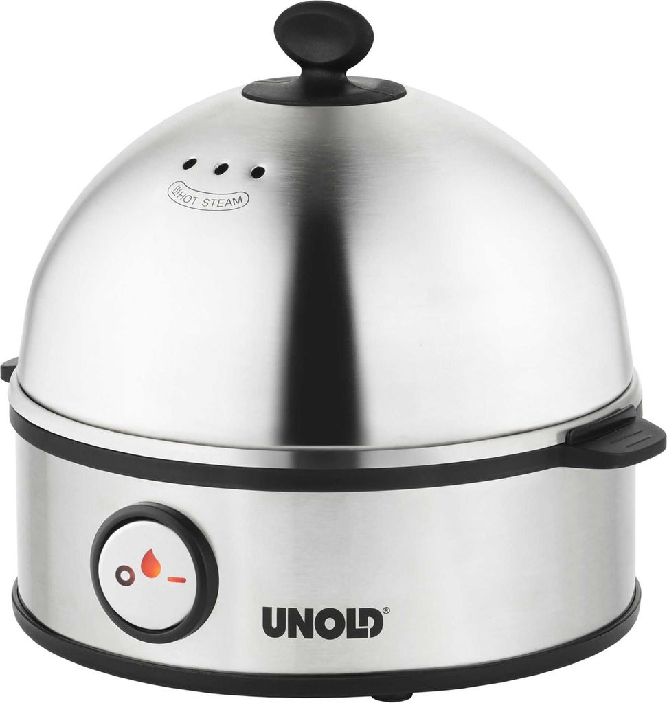 A silver and black egg cooker is shown from a front-facing angle on a white background.