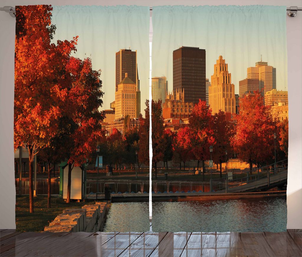 ABAKUHAUS Stadt Rustikaler Gardine, Alter Hafen Montreal Morgen, Schlafzimmer Kräuselband Vorhang mit Schlaufen und Haken, 280 x 225 cm, Orange Br...