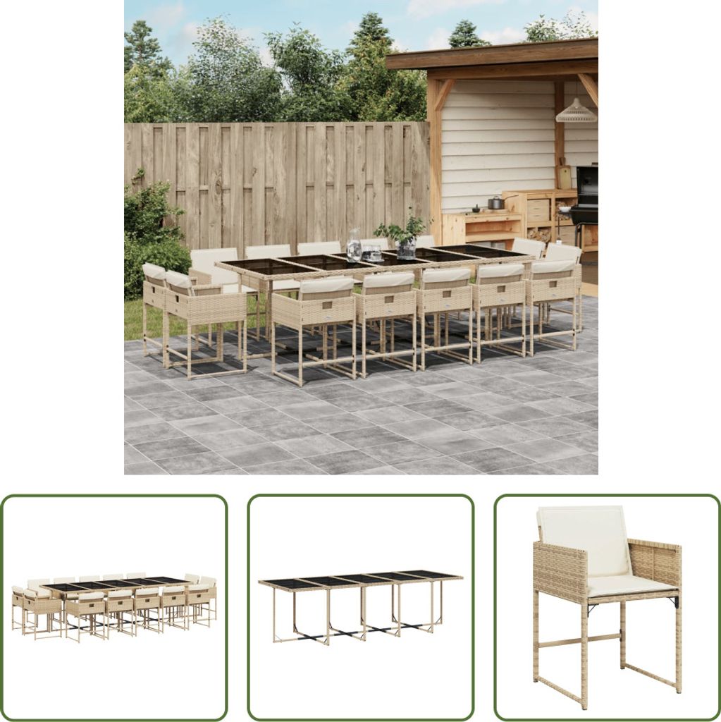 The Living Store 15-tlg. Garten-Essgruppe mit Kissen Beige Poly Rattan