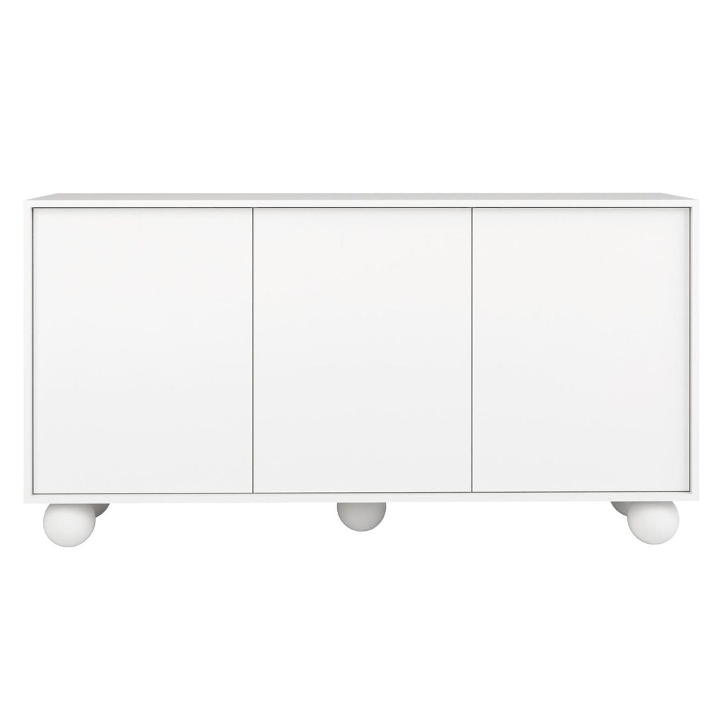 BEAUTYSOFA | Kommode ADEL 154 cm – Moderne Kommode mit 3 Türen, grifflose Fronten, kugelförmige Holzbeine, Weiß, Push-to-Open