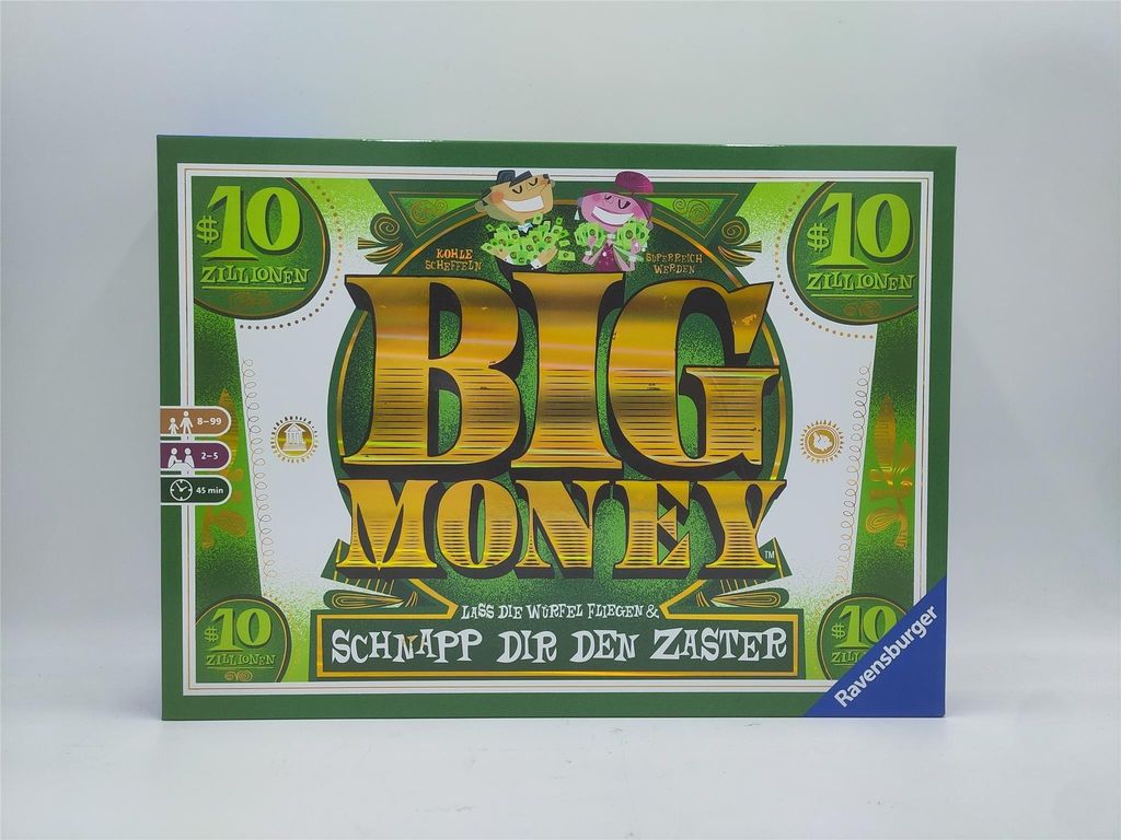 The image shows the front of a board game box, designed to resemble a banknote.