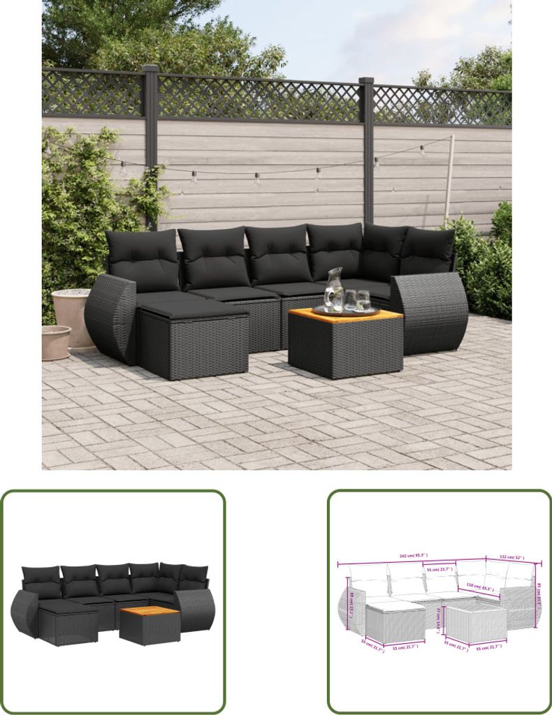 The Living Store 7-tlg. Garten-Sofagarnitur mit Kissen Schwarz Poly Rattan