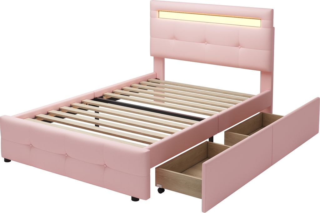 okwish čalouněná postel 90*200cm s LED světly, 2 šuplíky, Obrázek produktu 