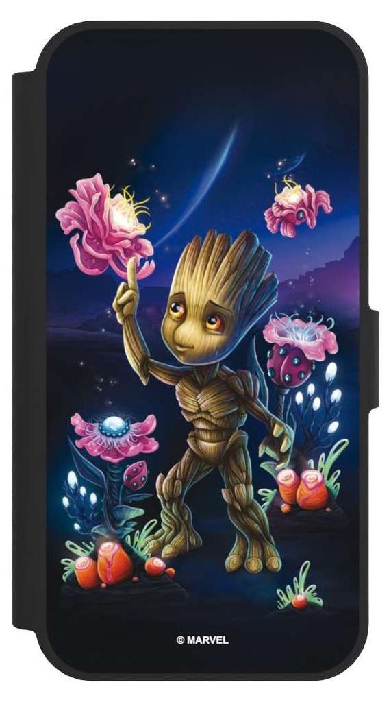 NIVOCASE Klapphülle für Apple iPhone 16e Handyhülle aus Kunst Leder NIVOflip schwarz Marvel Guardians Of The Galaxy Baby Groot