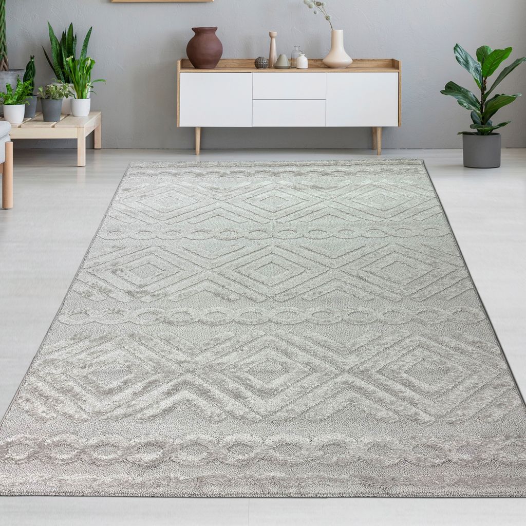 Hochflor Wohnzimmerteppich Boho Style mit Rautenmuster und Kreisen in Beige Größe - 240 x 340 cm