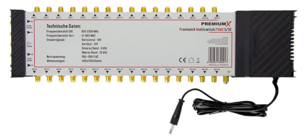 PremiumX PXMS 5/32 – wielodystrybutor z zasilaczem, 1 SAT, Zdjęcie produktu 