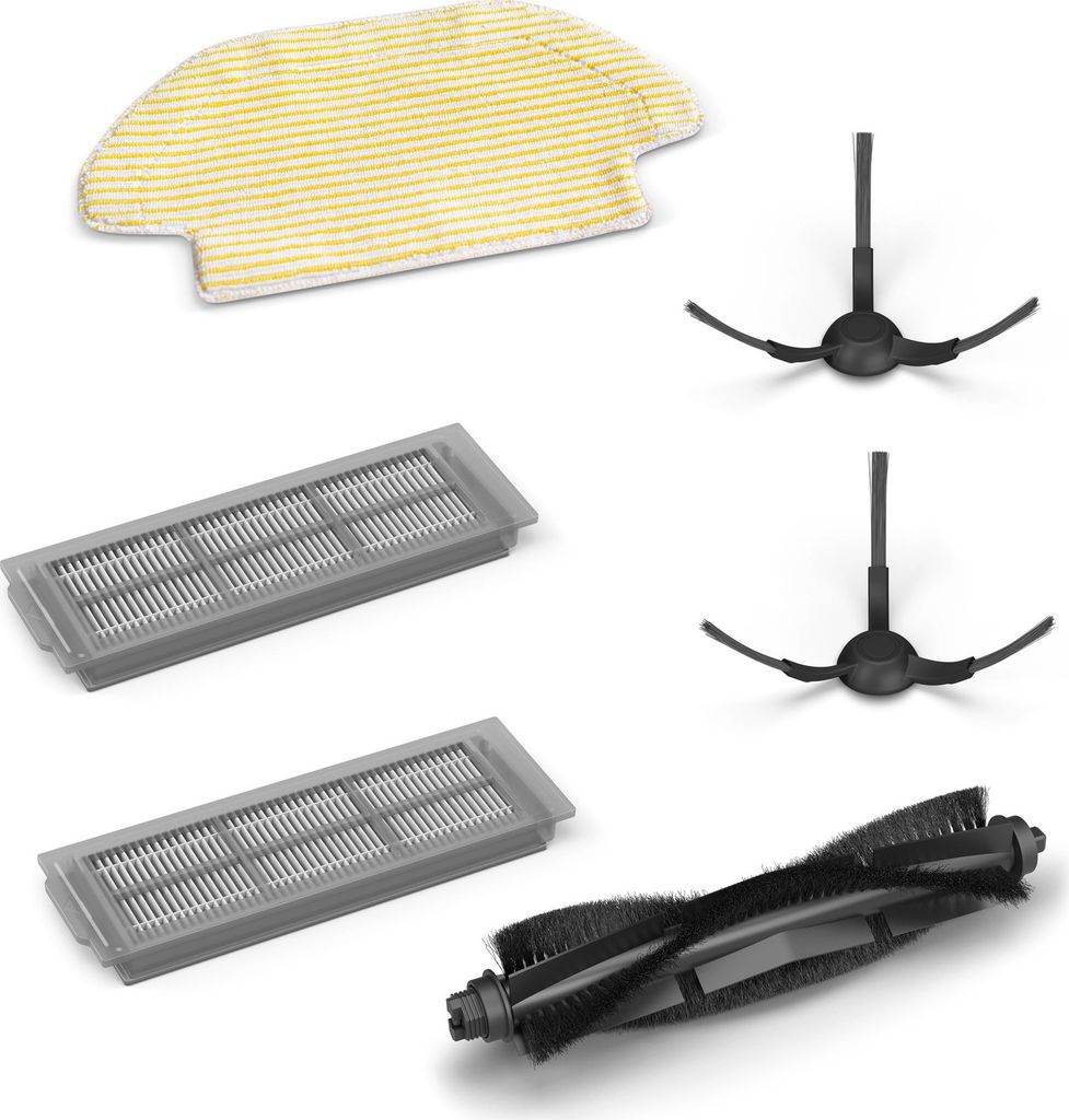 Various spare parts for a robot vacuum cleaner are laid out on a white background.