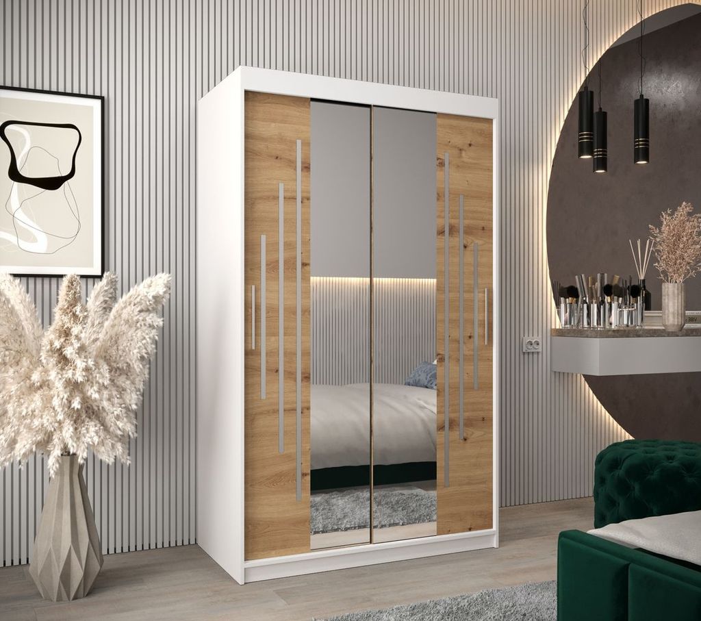 Kleiderschrank mit Spiegel KIRA – Breite 120 cm, weiß / Eiche artisan