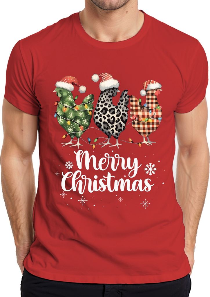 Merry Christmas Hühner Huhn Kariert Karo - Weihnachten Weihnachtsgeschenk Christmas Herren T-Shirt, Rot, XL