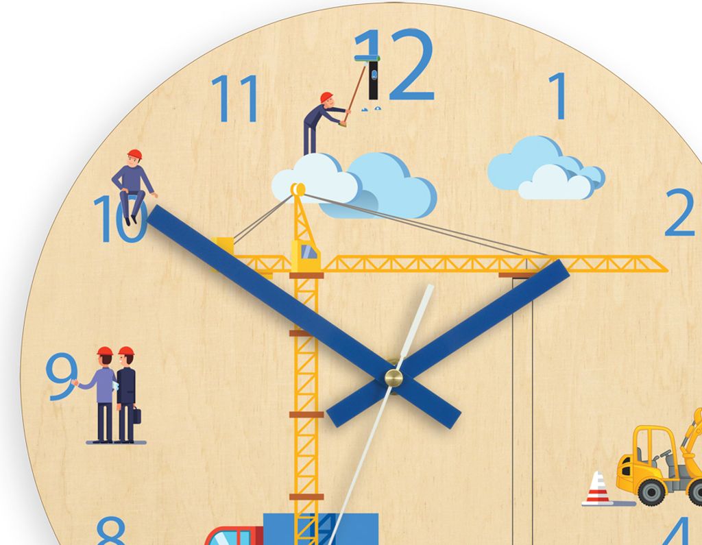 A close-up view of a children's wall clock with a construction theme. The clock face features numbers, hands, and cartoon illustrations of construction workers, a crane, clouds, and a toy excavator.