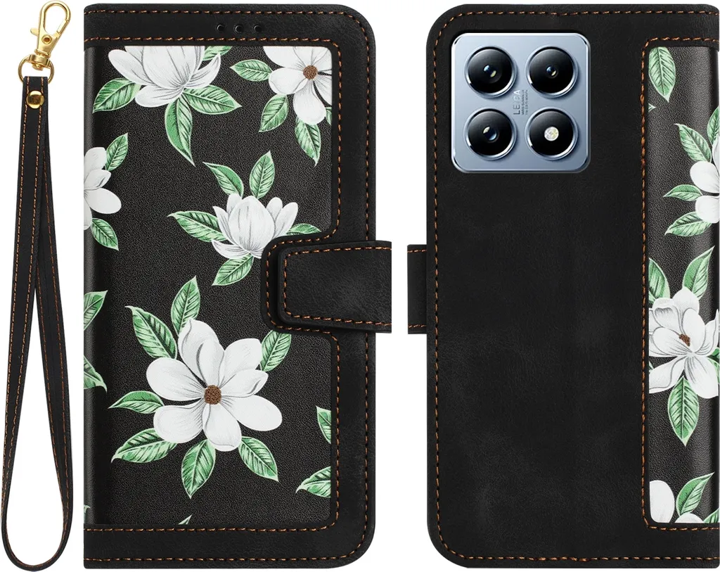 Custodia Portafoglio Xiaomi 14T Pro Pelle Finta Motivo Floreale Nero