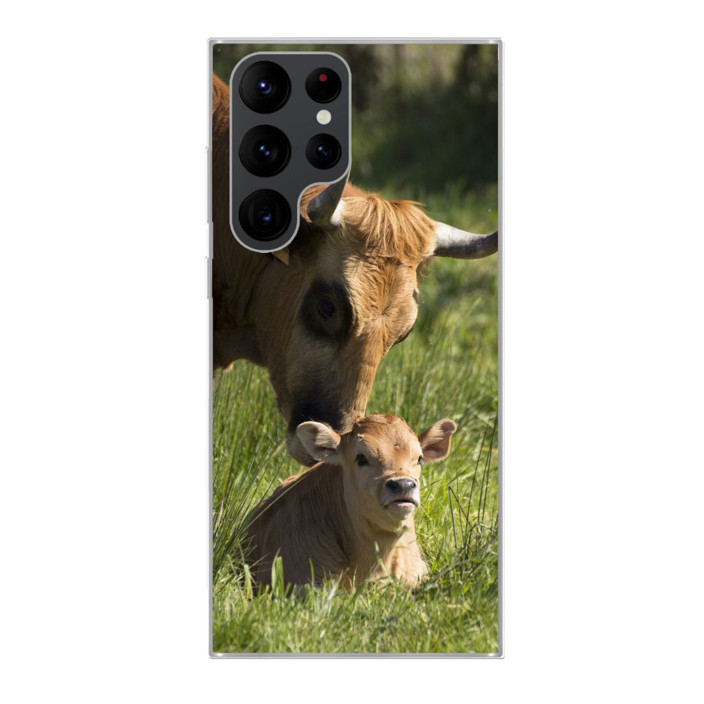 MuchoWow Handyhülle Schutzhülle Hülle für Samsung Galaxy S22 Ultra Kuh - Gras - Horn - Kalb Silikon Softcase Handy Hülle - Abbildung