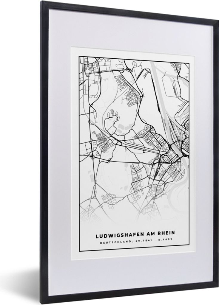 MuchoWow Gerahmtes Poster Ludwigshafen am Rhein - Karte - Stadtplan 40x60 cm - Poster mit Schwarzem Bilderrahmen Wandposter Rahmen Foto Bilder - ...