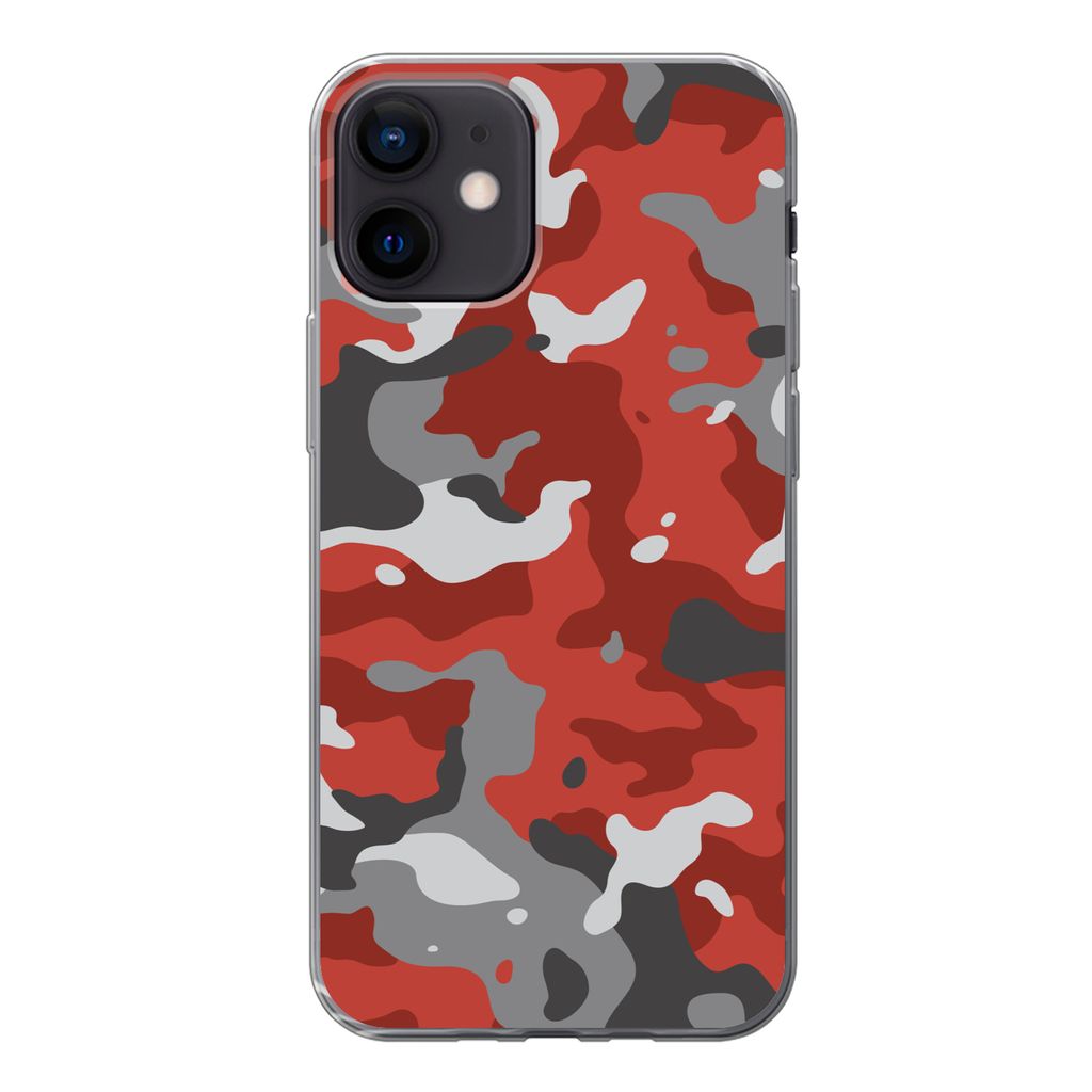 MuchoWow Handyhülle Schutzhülle Hülle für iPhone 12 Rot mit grauem Camouflage-Muster Silikon Softcase Handy Hülle - Schutzhülle