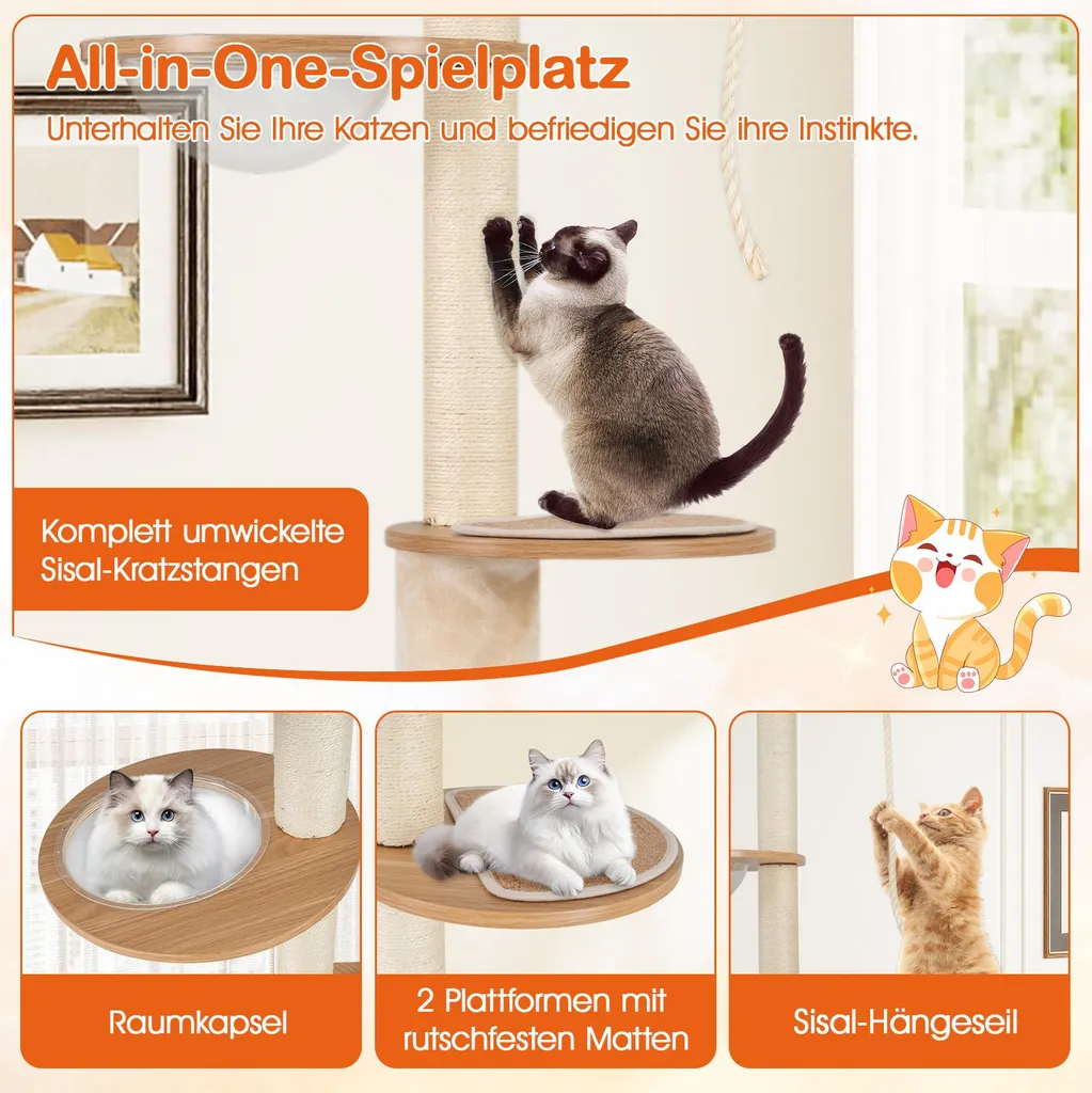 Arbre à Chat avec Capsule Spatiale et Tronc en Sisal Brun de 276 cm Max