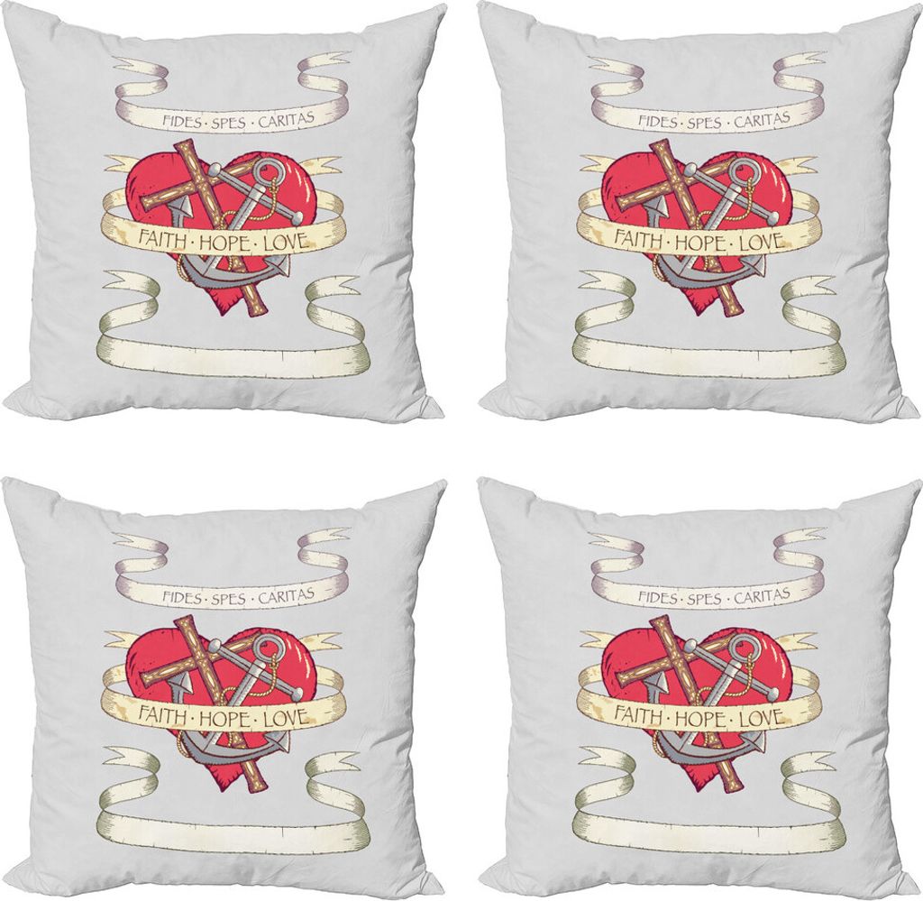 ABAKUHAUS Hoffen Kissenbezug Set (4 Stück), Anker auf Herz-Motiv, Moderner Doppelseitiger Digitaldruck, 45 cm x 45 cm, Beige Grau und Ruby