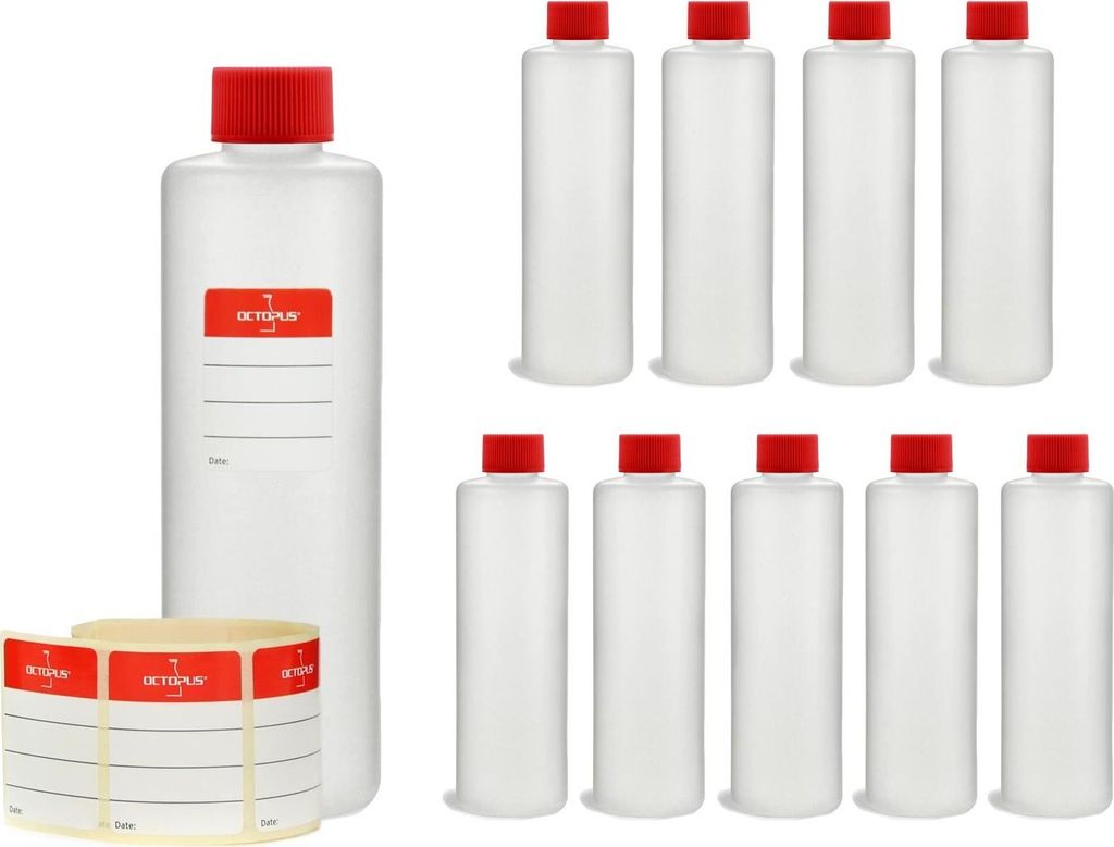 10 Plastikflaschen 250 ml, rund mit roten Deckeln (leer)