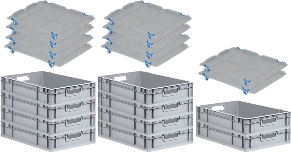 SparSet 10x Eurobox NextGen Grip mit Auflagedeckel inkl. 4 blauen Schiebeschnappverschlüssen | HxBxT 12x40x60cm | 23 Liter | Griffe offen | Glatte...
