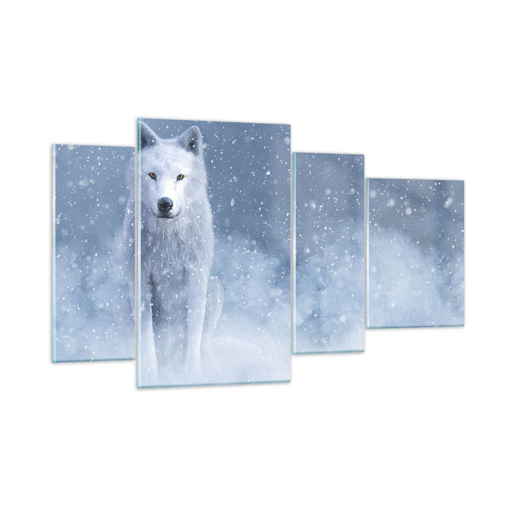 Bilder auf glas - 4 Teile - Weiß Wolf Schnee - 120x70cm - Glasbilder - Wandbilder - Bilder - zum Aufhängen bereit - Wanddekoration aus Glas - Gla...