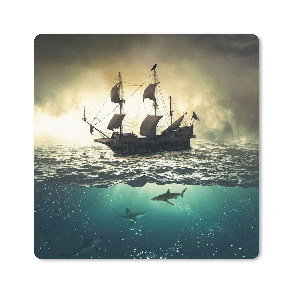 MuchoWow Mauspad Mousepad Meer - Boot - Hai 20x20 cm - Mousepads - Maus Mat - Pad - Mausunterlage - Desk Mat - Bureauartikeln